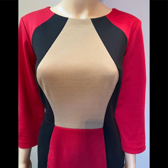 Chetta B Colorblock Red Black Beige Pencil Sheath Top Sz10 - Picture 3 of 9